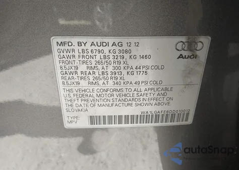 2013 Audi Q7 3.0T Premium from USA, damaged, VIN WA1LGAFE8DD010012